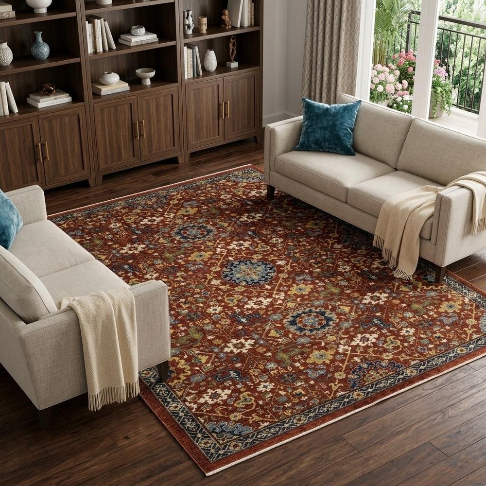 8' X 11' Red Yellow And Black Oriental Area Rug With Fringe