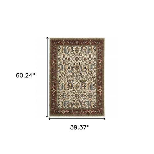 3' X 5' Ivory Red Green Grey Blue And Navy Oriental Power Loom Stain Resistant Area Rug With Fringe