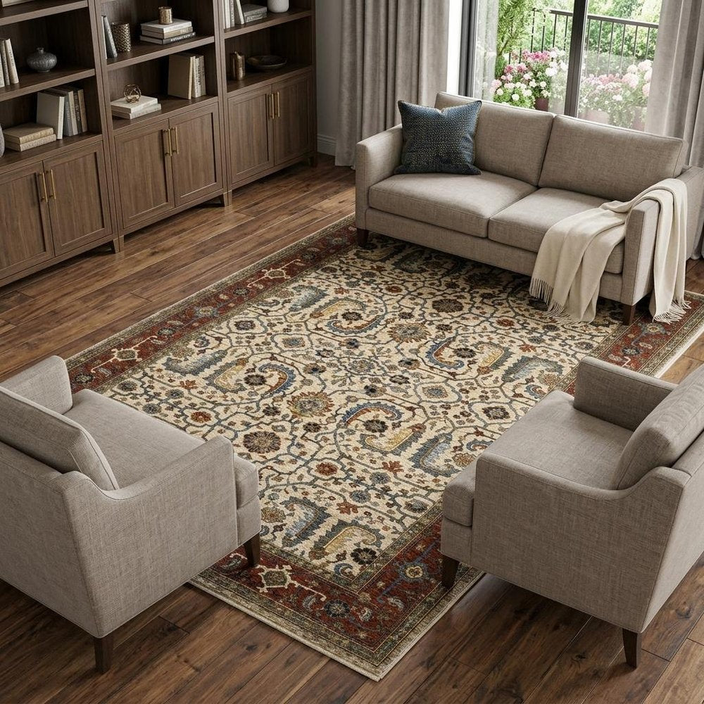 8' X 11' Ivory And Red Oriental Area Rug With Fringe
