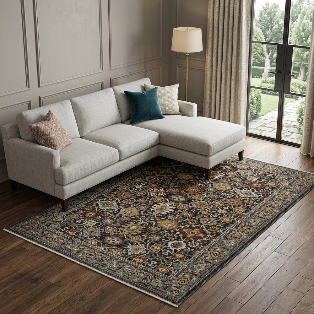 7' X 10' Blue And Beige Oriental Area Rug With Fringe