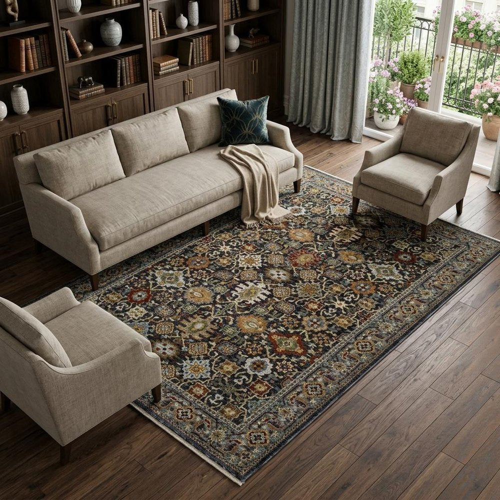 8' X 11' Blue And Beige Oriental Area Rug With Fringe