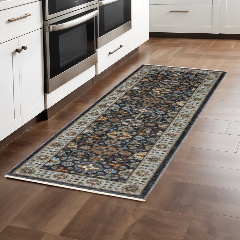 2' X 8' Blue And Beige Oriental Power Loom Runner Rug With Fringe