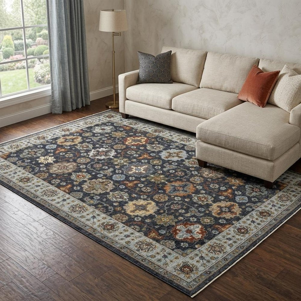 7' X 10' Blue And Beige Oriental Area Rug With Fringe