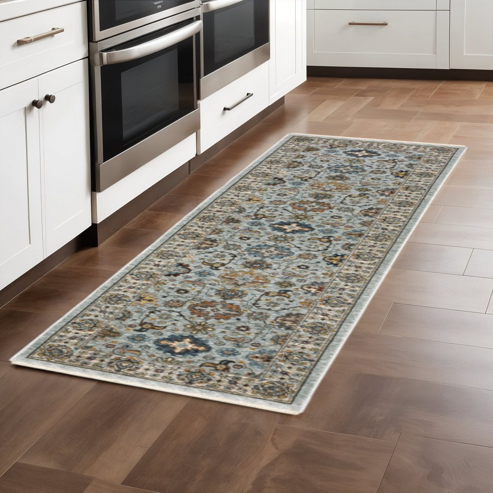 8' Blue And Ivory Oriental Power Loom Runner Rug With Fringe