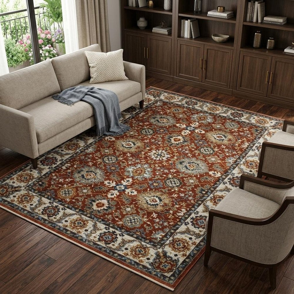 7' X 10' Red Ivory And Orange Oriental Area Rug With Fringe