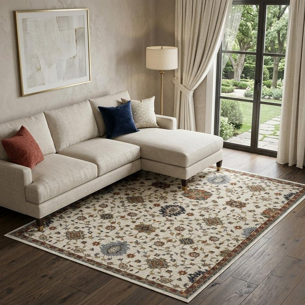 7' X 10' Ivory Red And Yellow Oriental Area Rug With Fringe