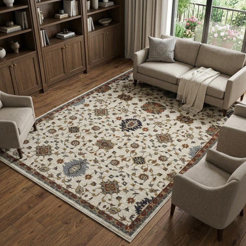 8' X 11' Ivory Red And Yellow Oriental Area Rug With Fringe