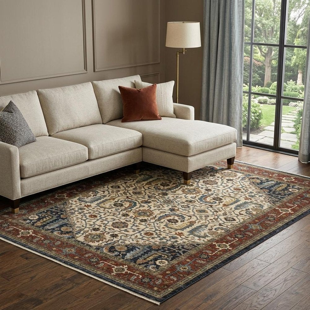 7' X 10' Ivory Red And Green Oriental Area Rug With Fringe