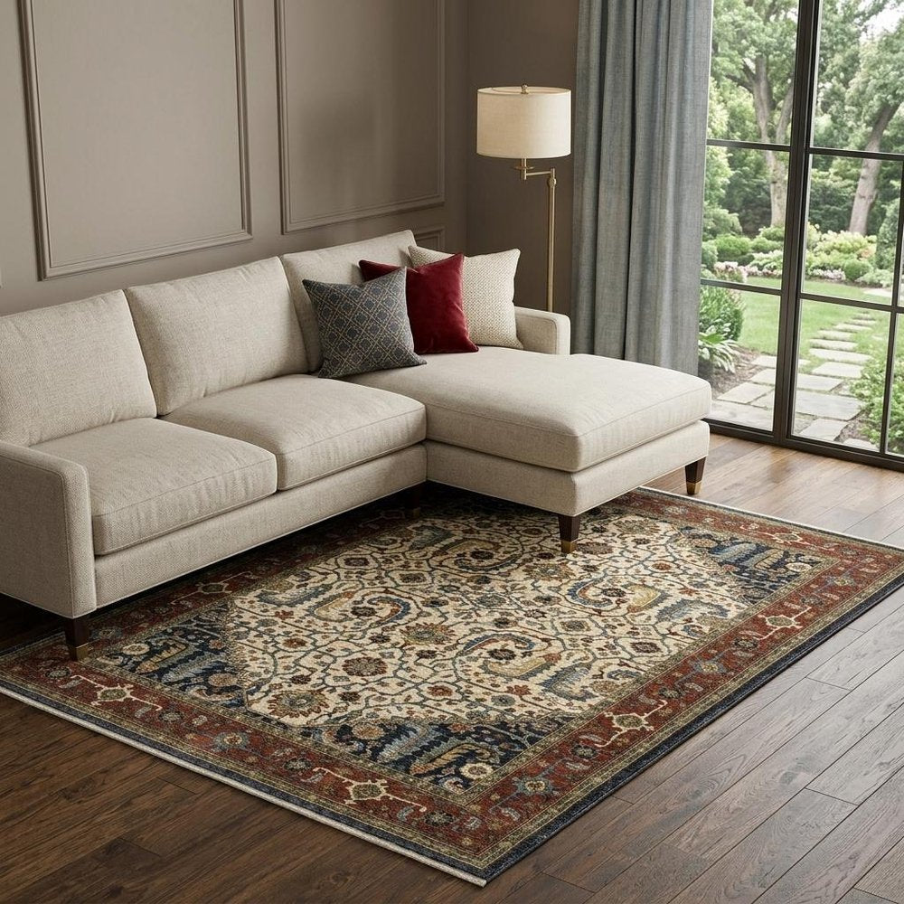8' X 11' Ivory Red And Green Oriental Area Rug With Fringe