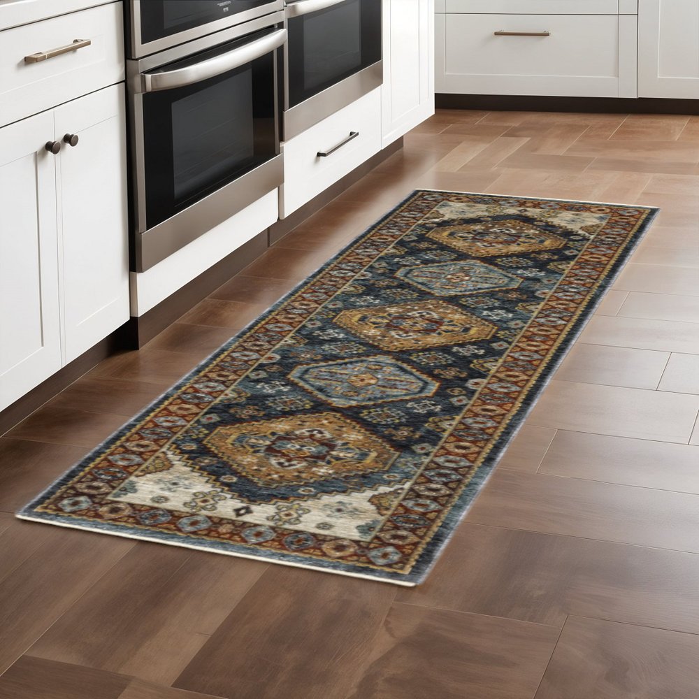 2' X 8' Blue And Beige Oriental Power Loom Runner Rug With Fringe