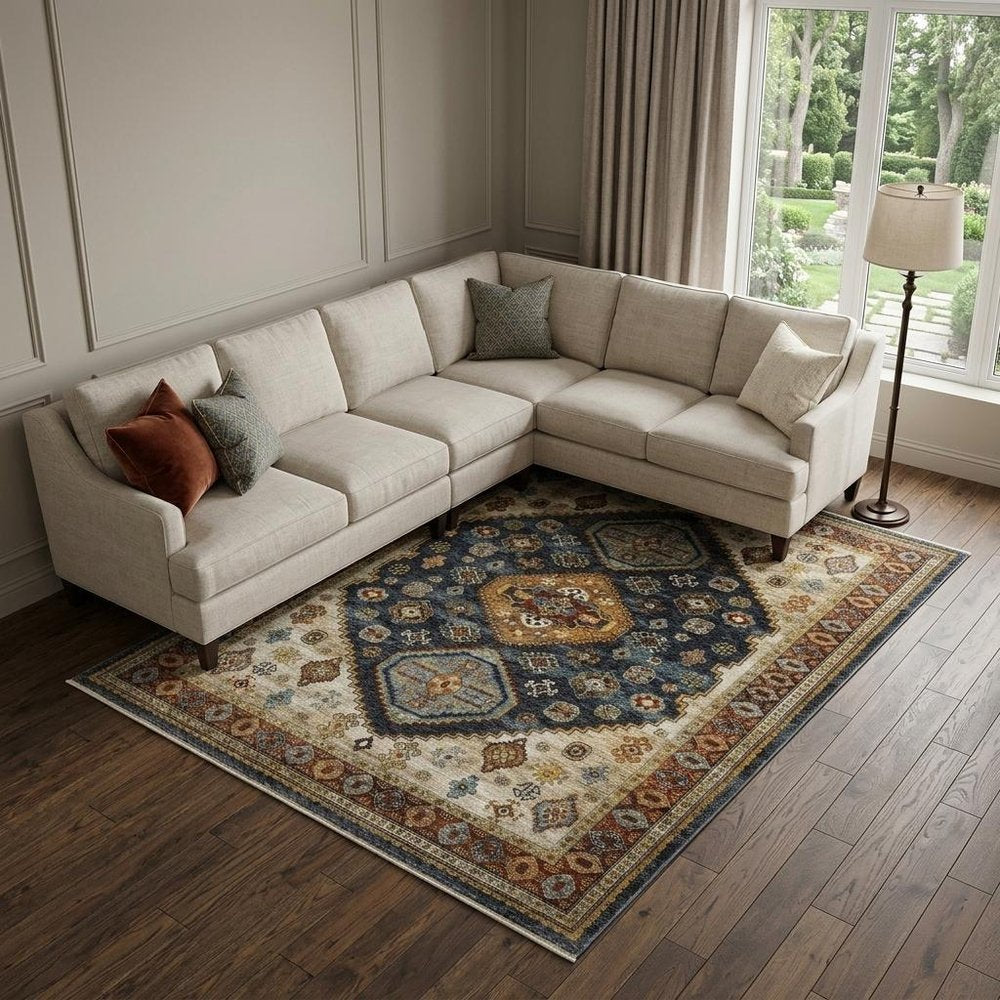 7' X 10' Blue Beige And Orange Oriental Area Rug With Fringe