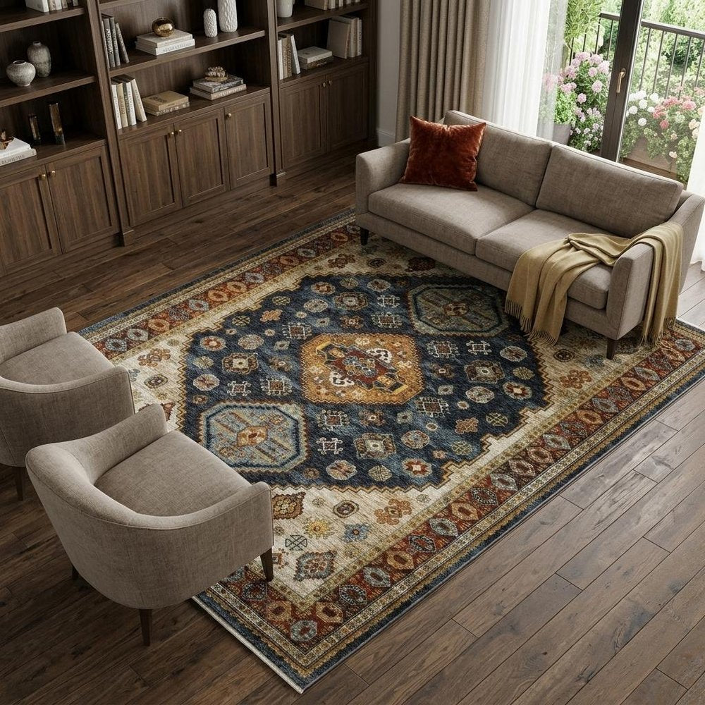 8' X 11' Blue Beige And Orange Oriental Area Rug With Fringe