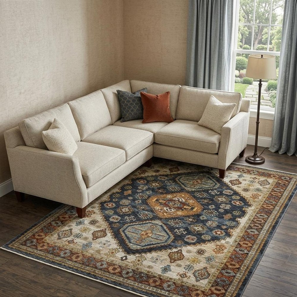 8' X 11' Blue Beige And Orange Oriental Area Rug With Fringe