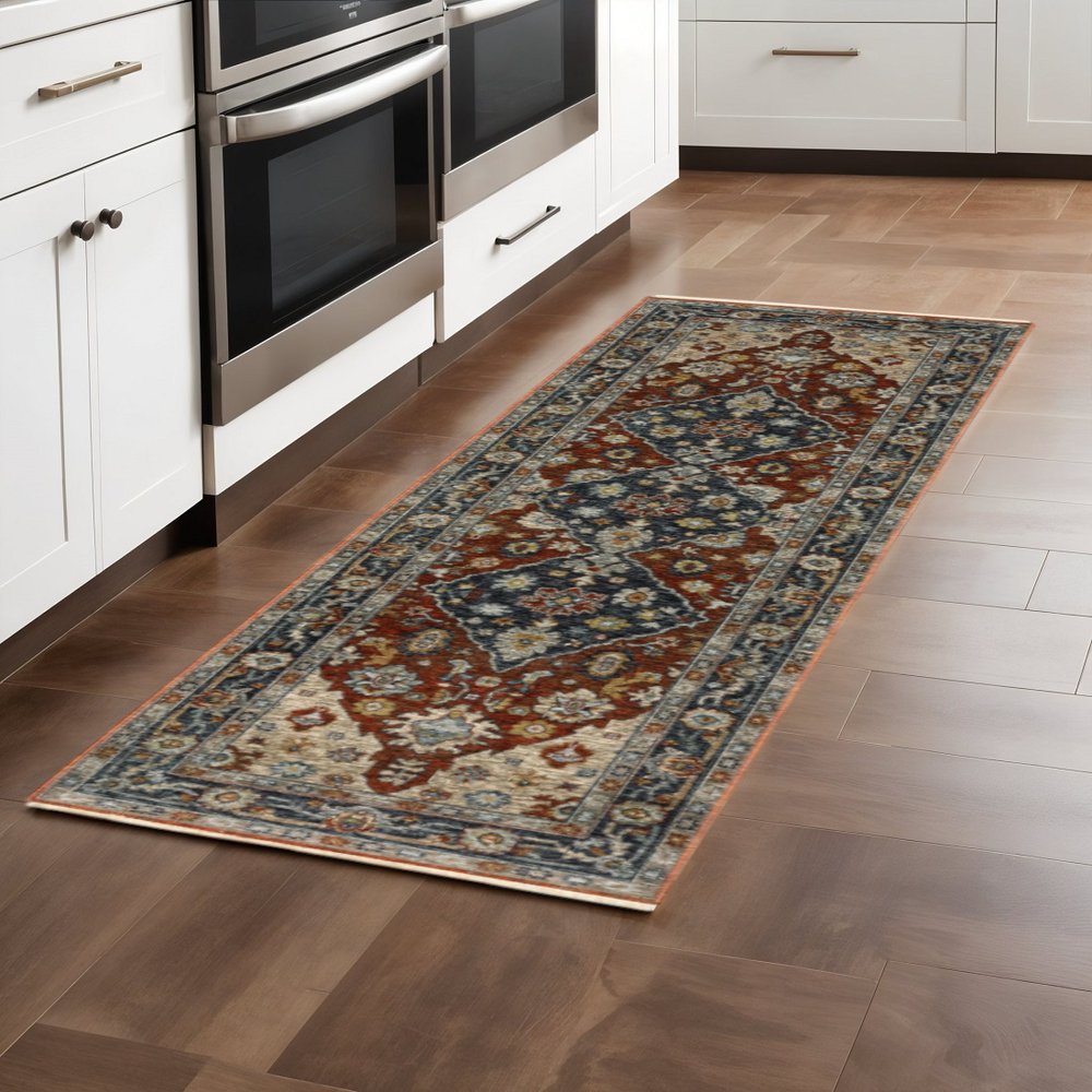 2' X 8' Blue Beige Tan Brown Gold And Rust Red Oriental Power Loom Stain Resistant Runner Rug With Fringe