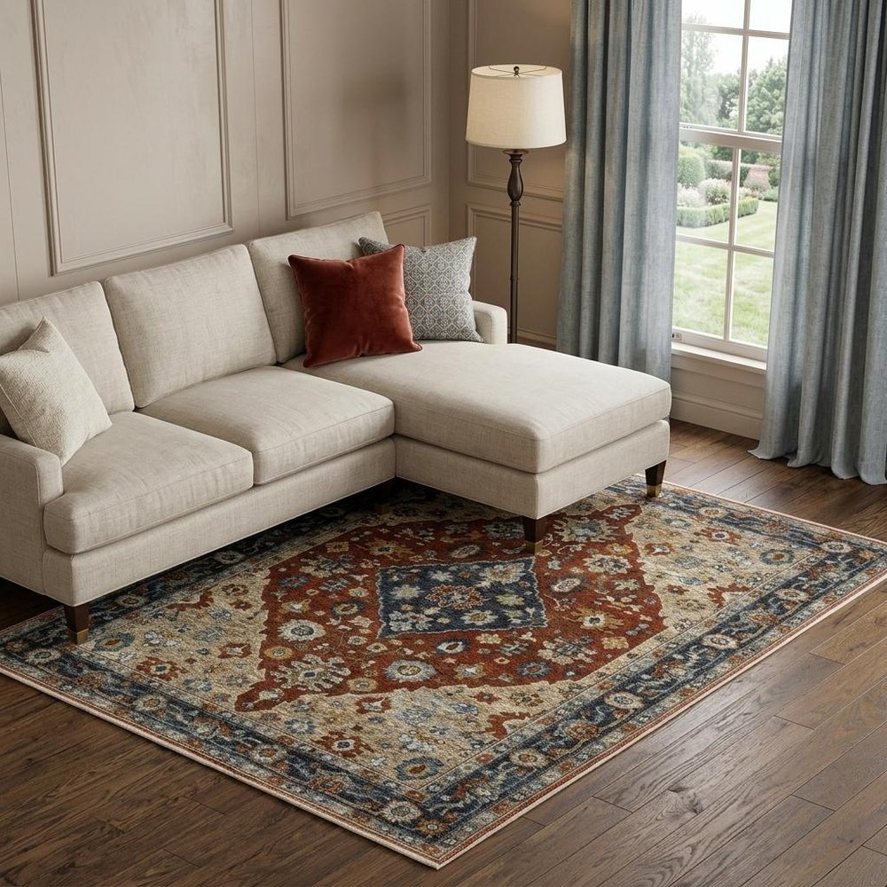 7' X 10' Red And Blue Oriental Area Rug With Fringe