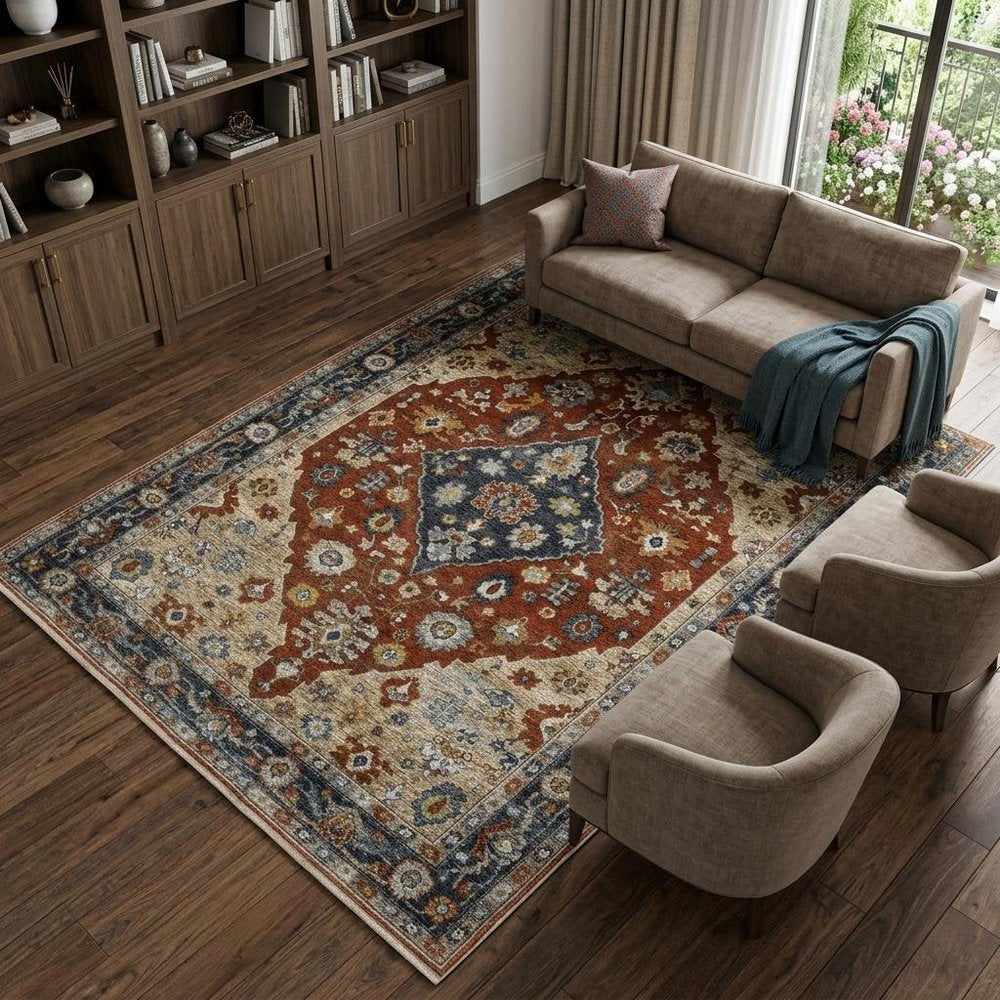 8' X 11' Red And Blue Oriental Area Rug With Fringe
