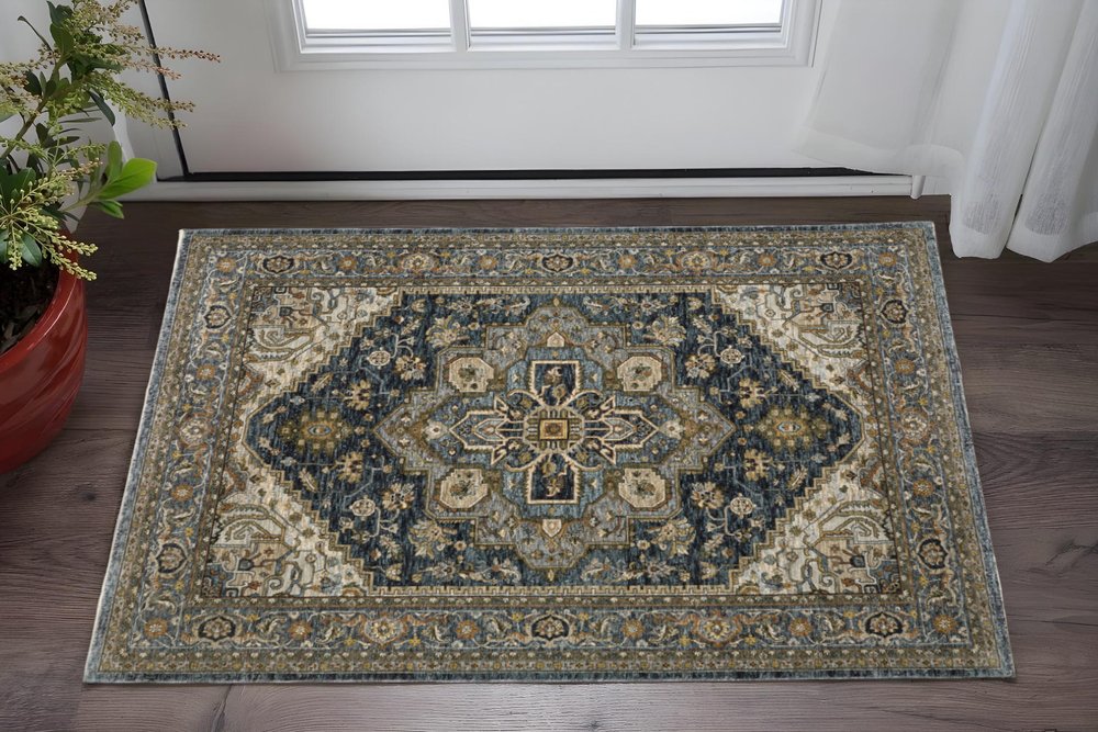 2' X 3' Blue Taupe Grey Green Rust Tan Beige And Gold Oriental Power Loom Stain Resistant Area Rug With Fringe