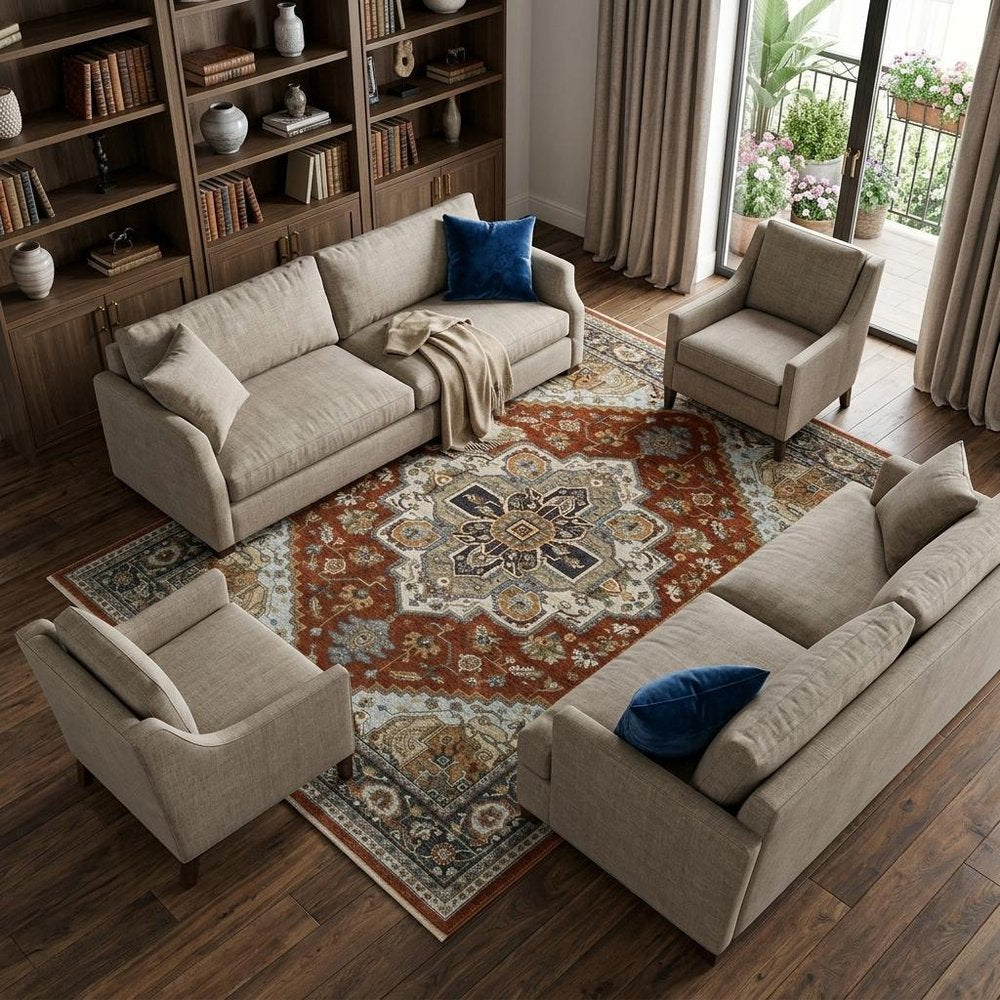 7' X 10' Red And Blue Oriental Area Rug With Fringe