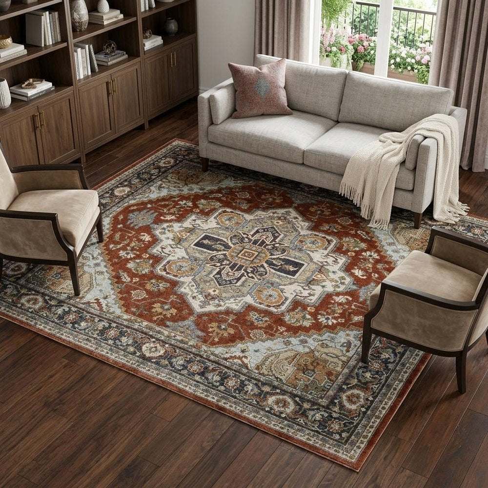 7' X 10' Red And Blue Oriental Area Rug With Fringe