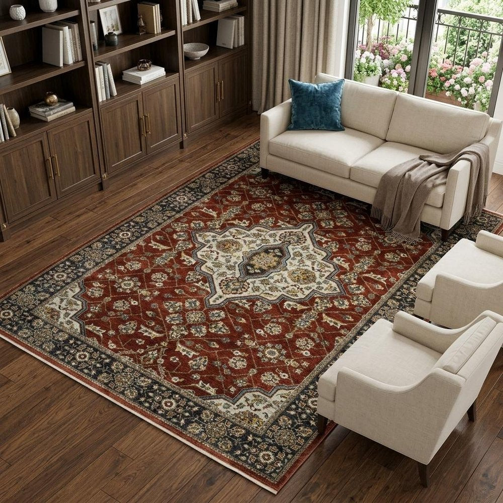 8' X 11' Red And Blue Oriental Area Rug With Fringe