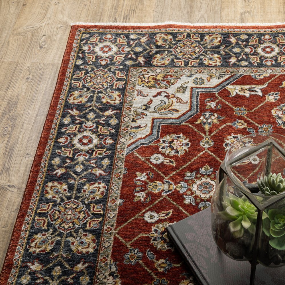 8' X 11' Red And Blue Oriental Area Rug With Fringe