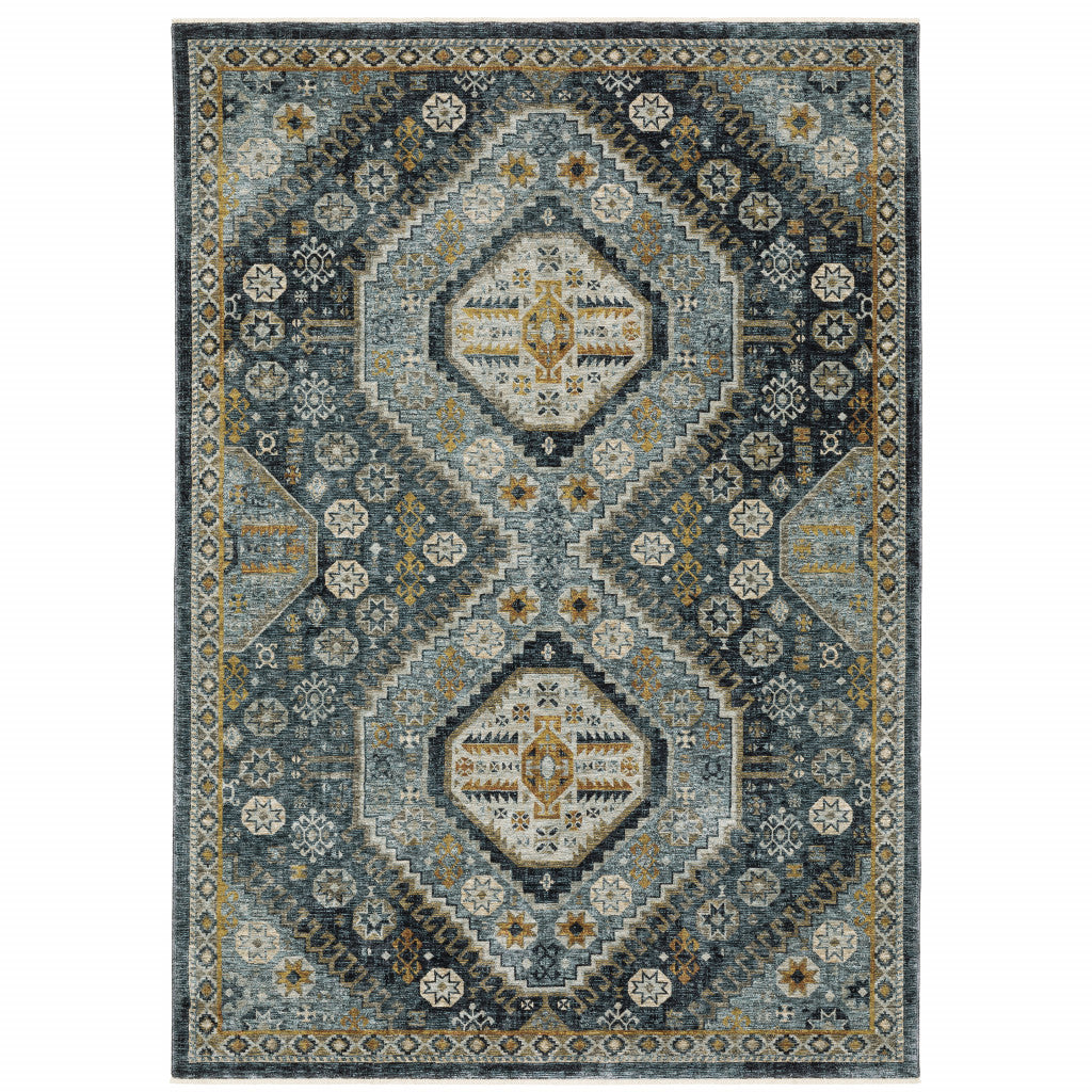 8' X 11' Blue And Gold Oriental Area Rug With Fringe