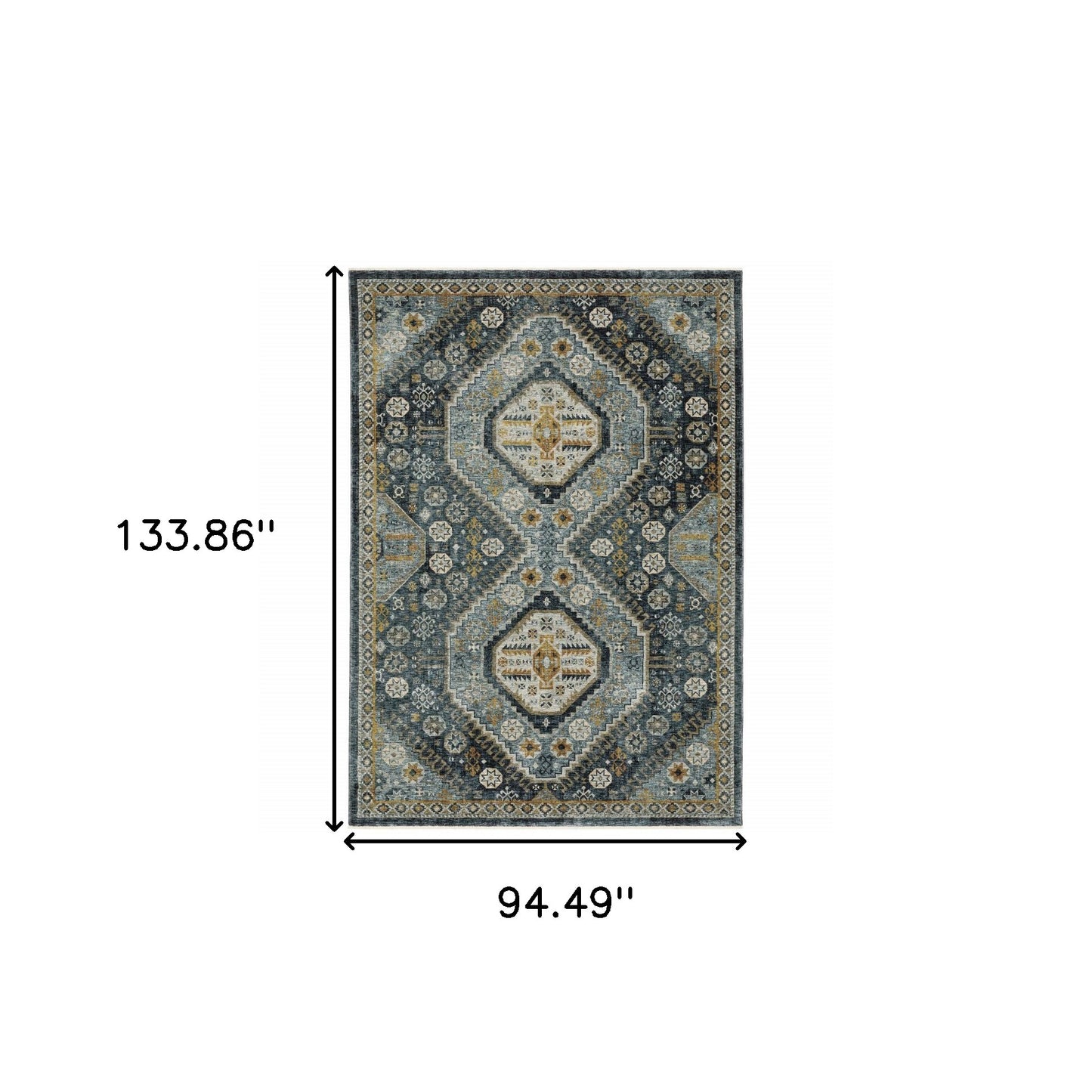 8' X 11' Blue And Gold Oriental Area Rug With Fringe