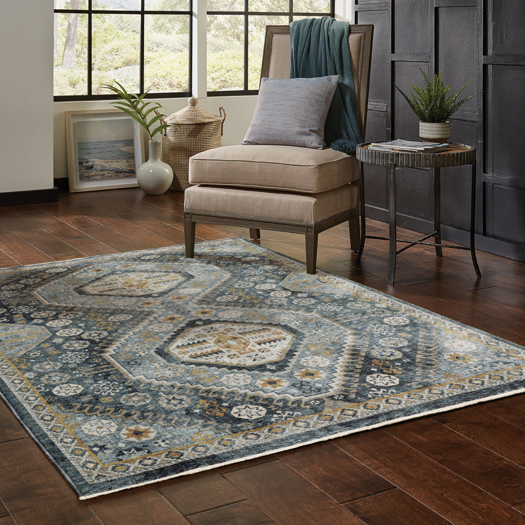 8' X 11' Blue And Gold Oriental Area Rug With Fringe