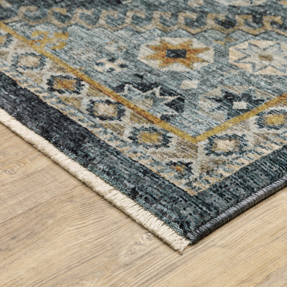 8' X 11' Blue And Gold Oriental Area Rug With Fringe