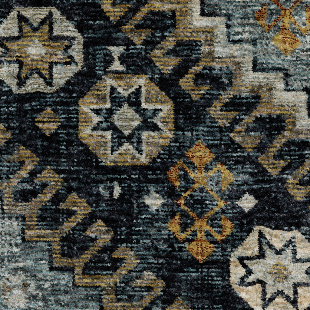 8' X 11' Blue And Gold Oriental Area Rug With Fringe