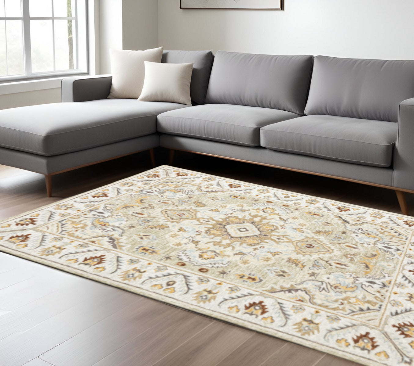10' X 13' Ivory Beige Gold And Muted Grey Oriental Tufted Handmade Stain Resistant Area Rug