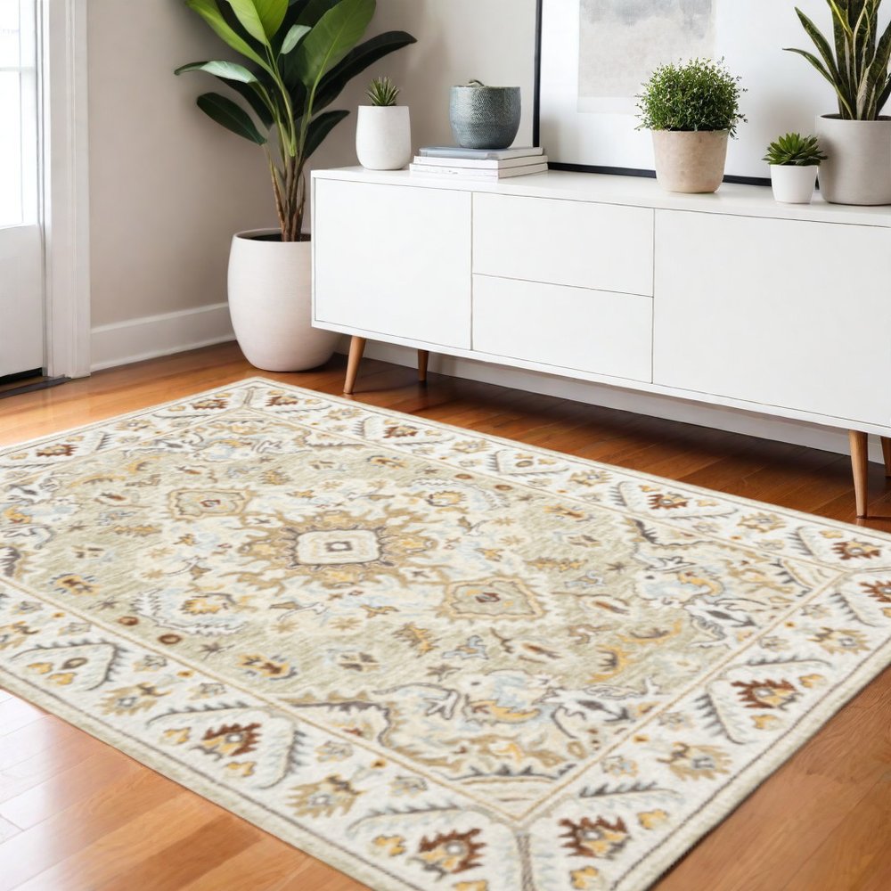 4' X 6' Ivory Beige Gold And Muted Grey Oriental Tufted Handmade Stain Resistant Area Rug