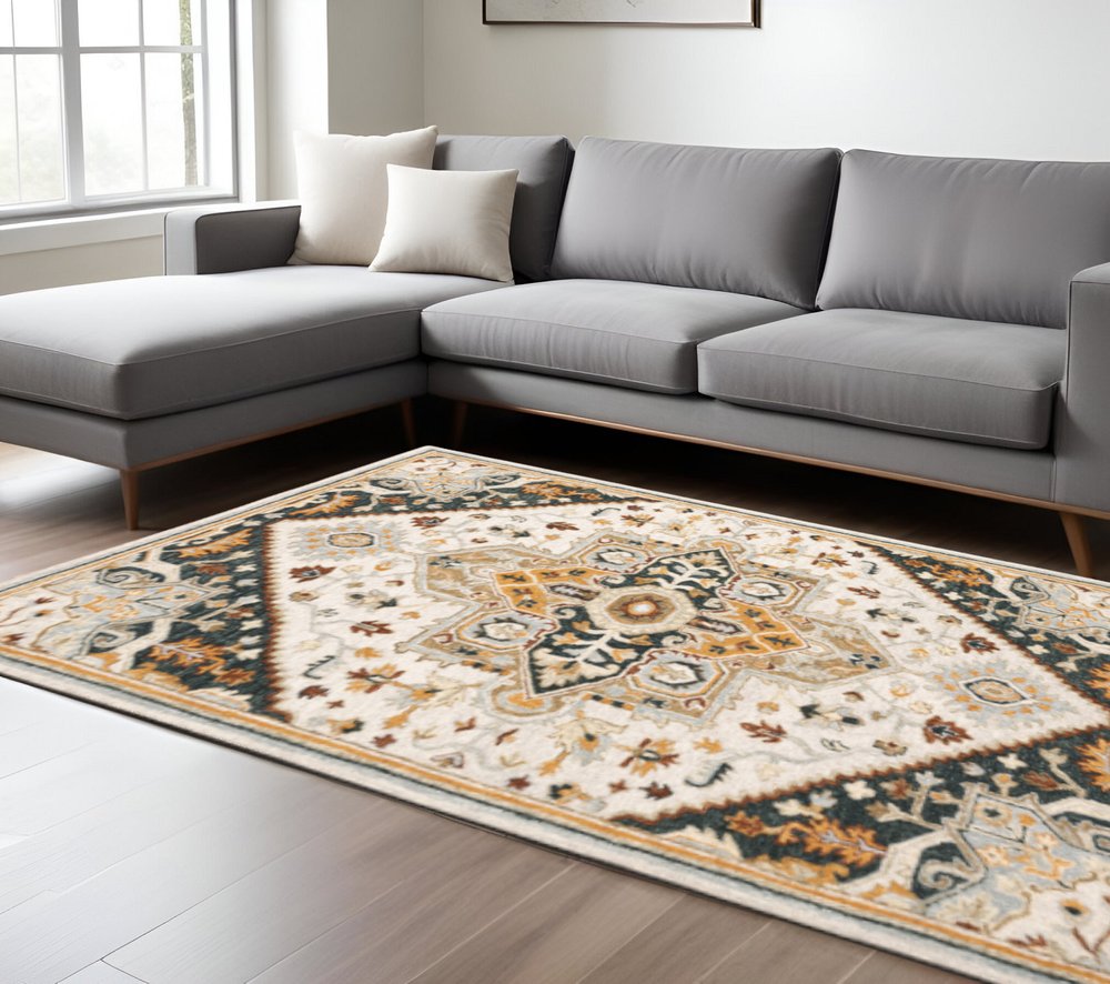 10' X 13' Ivory Charcoal Gold Clay And Muted Blue Oriental Tufted Handmade Stain Resistant Area Rug