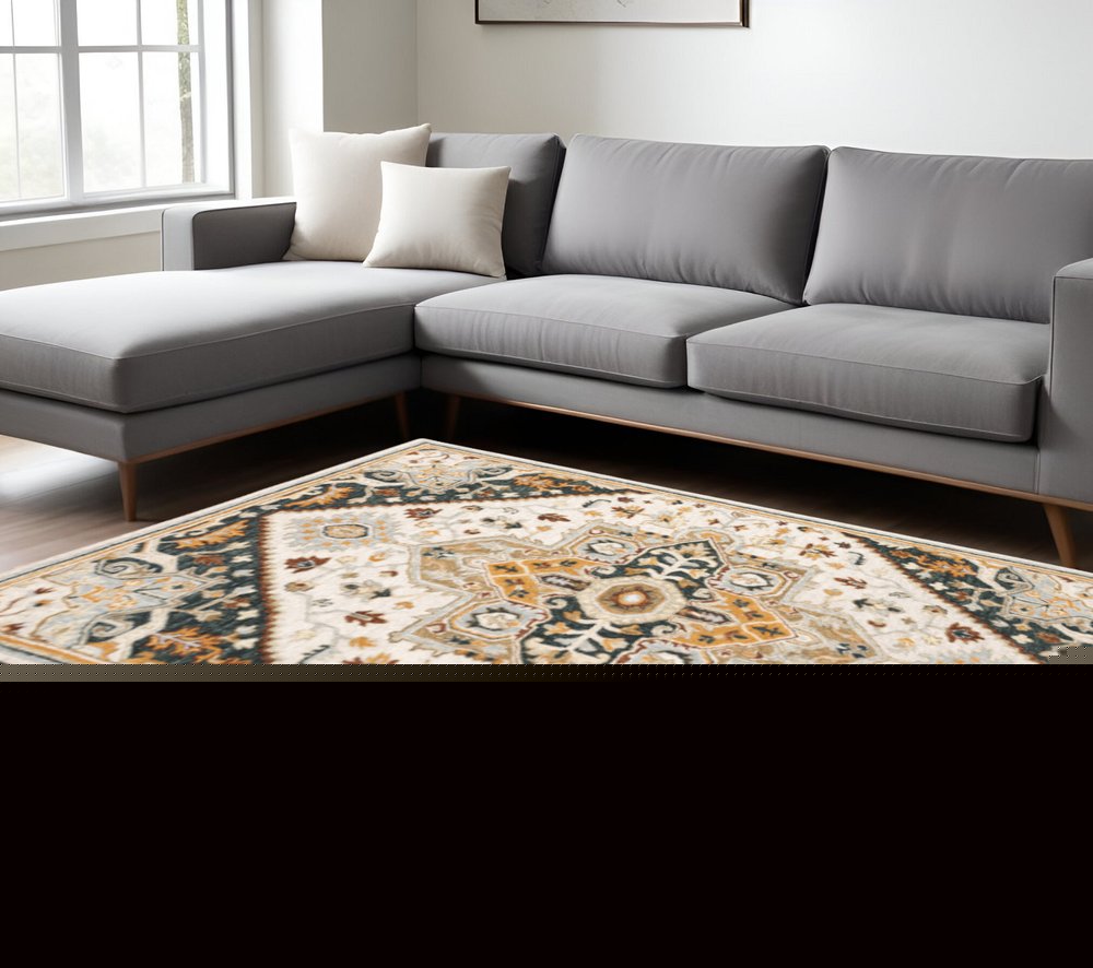 8' X 10' Ivory Charcoal Gold Clay And Muted Blue Oriental Tufted Handmade Stain Resistant Area Rug