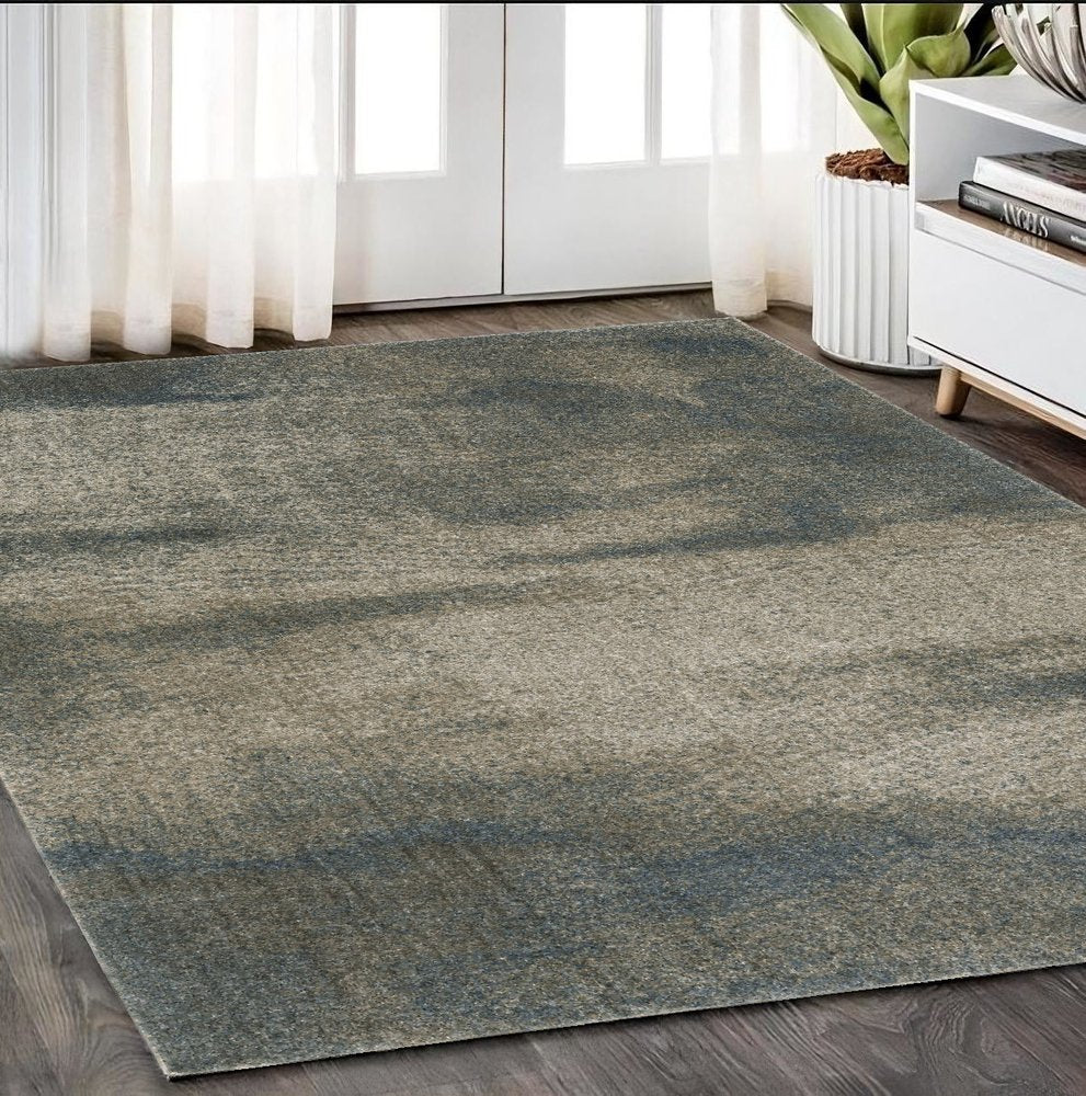 5' X 8' Beige And Blue Abstract Distressed Area Rug