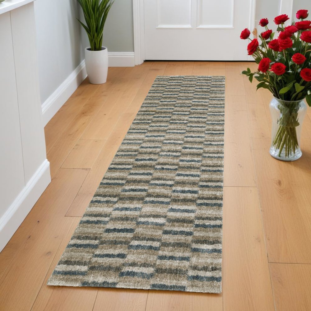 8' Beige And Blue Abstract Distressed Runner Rug