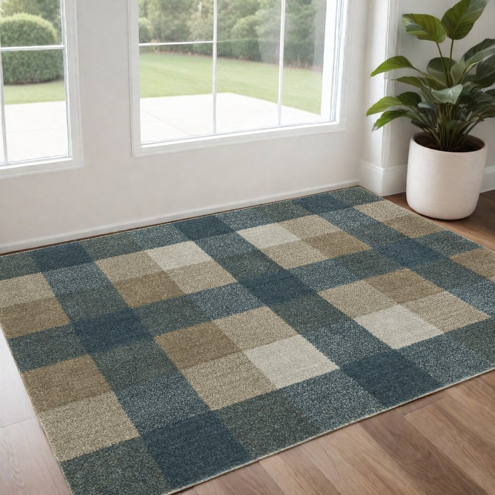 3' X 5' Blue And Beige Geometric Distressed Area Rug