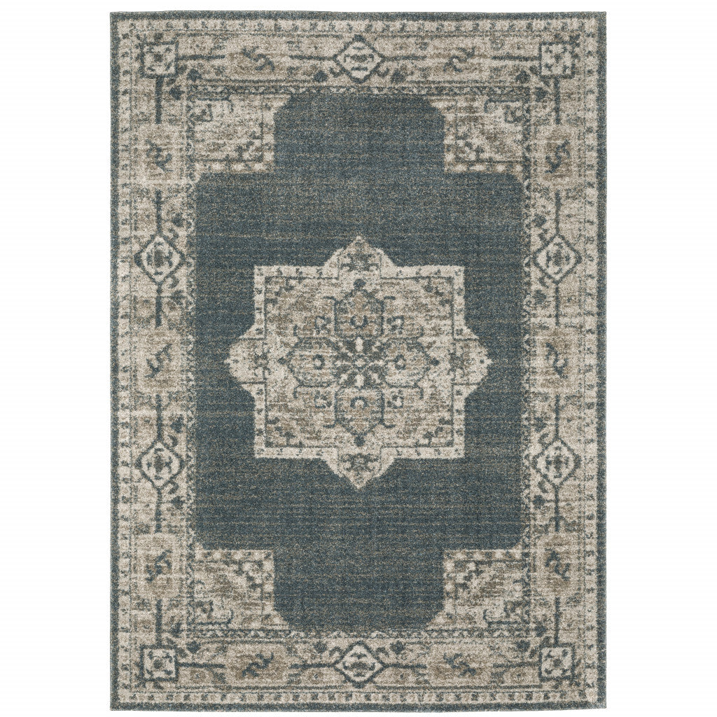 5' X 8' Blue and Beige Oriental Power Loom Area Rug