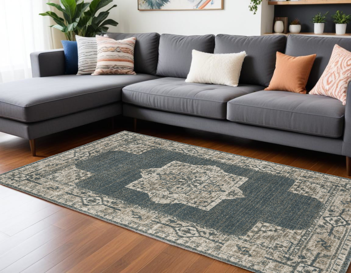 7' X 10' Blue and Beige Oriental Power Loom Area Rug