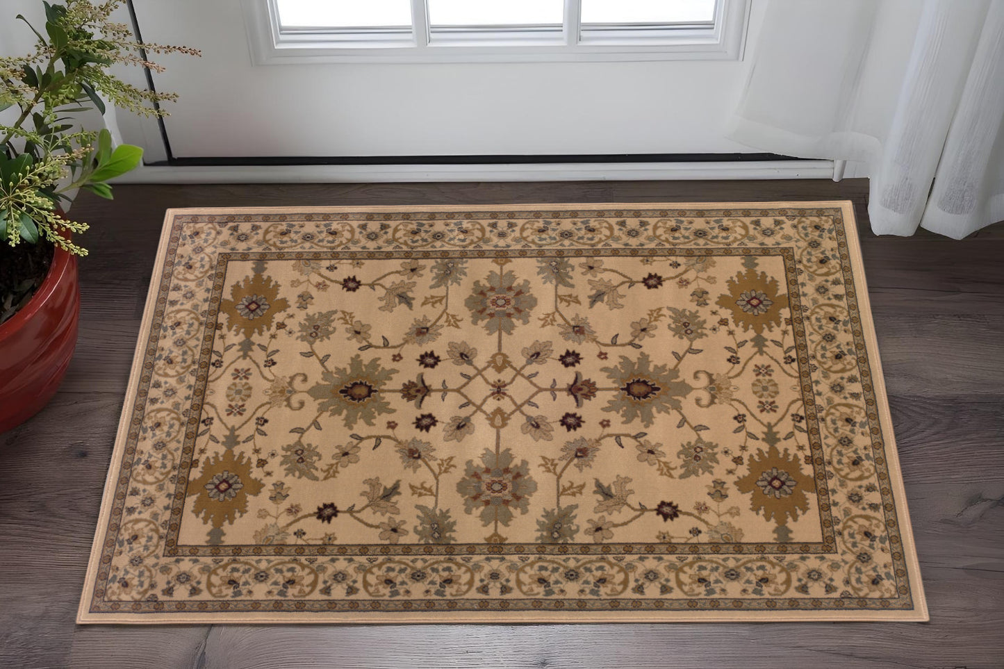 3' X 5' Ivory Oriental Power Loom Stain Resistant Area Rug