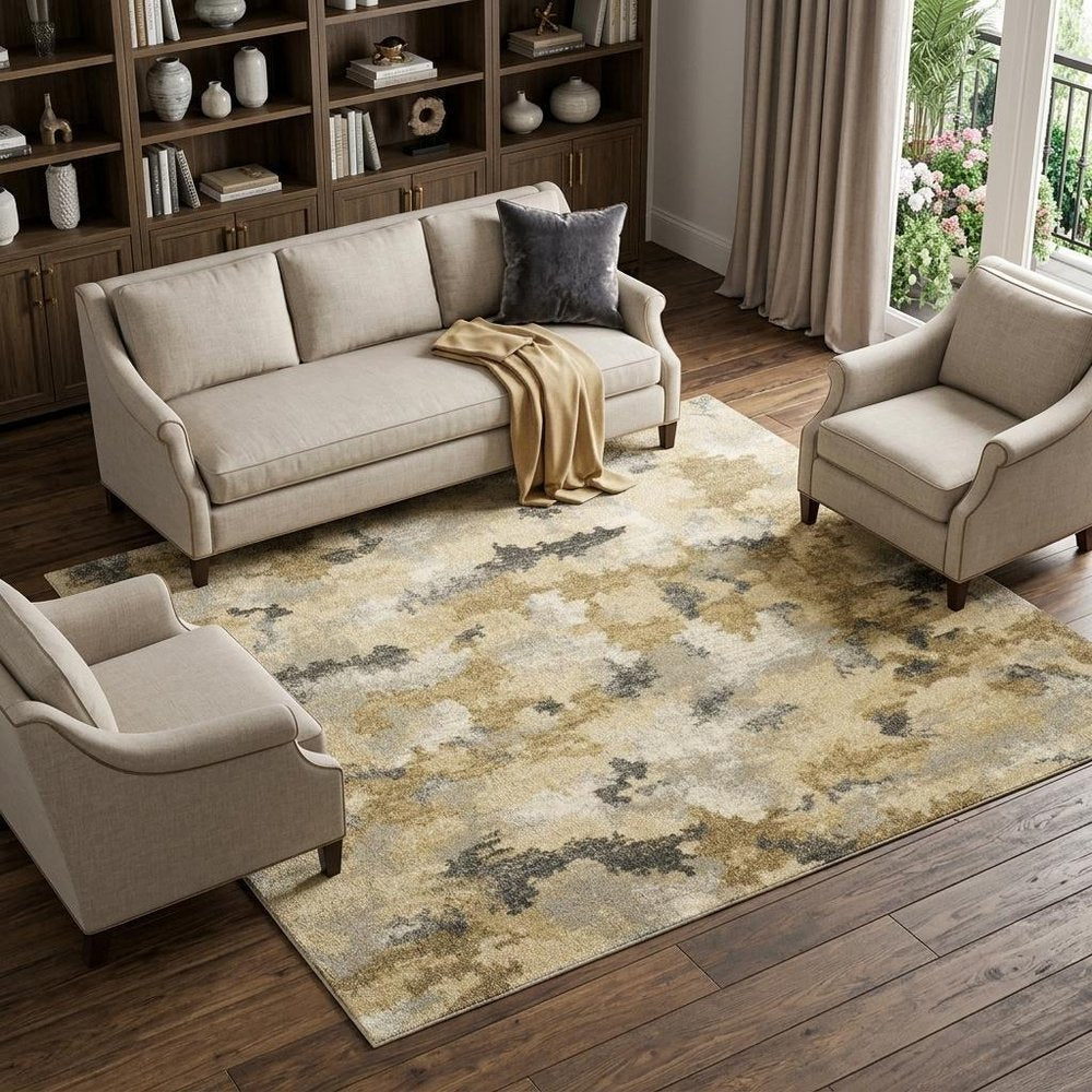 10' X 13' Beige And Gold Abstract Area Rug
