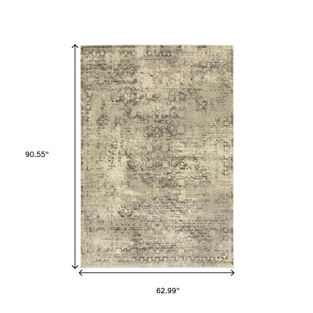 5' X 8' Grey Ivory Beige And Taupe Oriental Power Loom Stain Resistant Area Rug