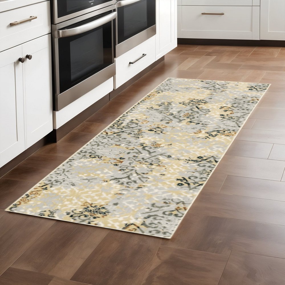 2' X 8' Grey And Gold Abstract Power Loom Stain Resistant Runner Rug