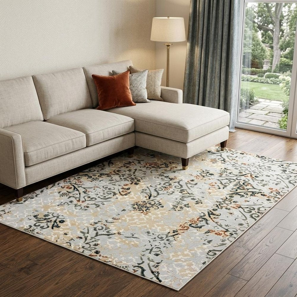 7' X 10' Gray And Gold Abstract Distressed Area Rug