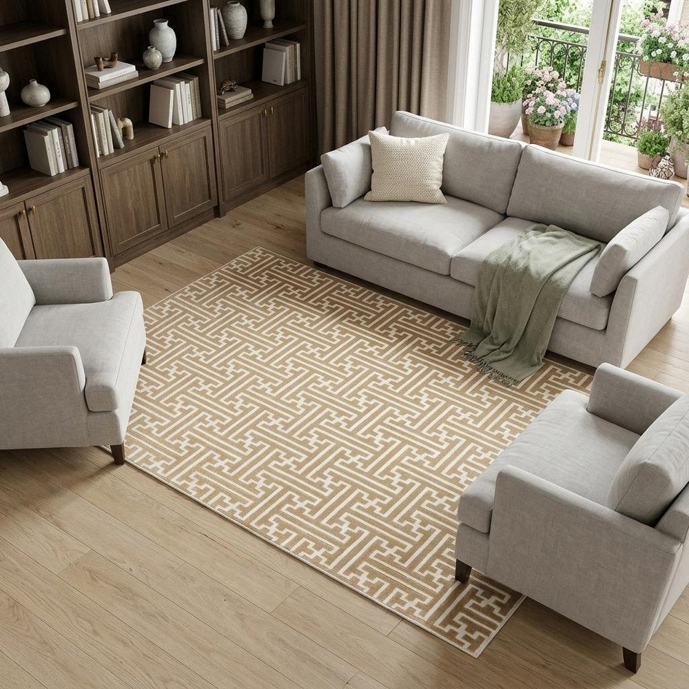 7' X 10' Gold And Ivory Geometric Area Rug