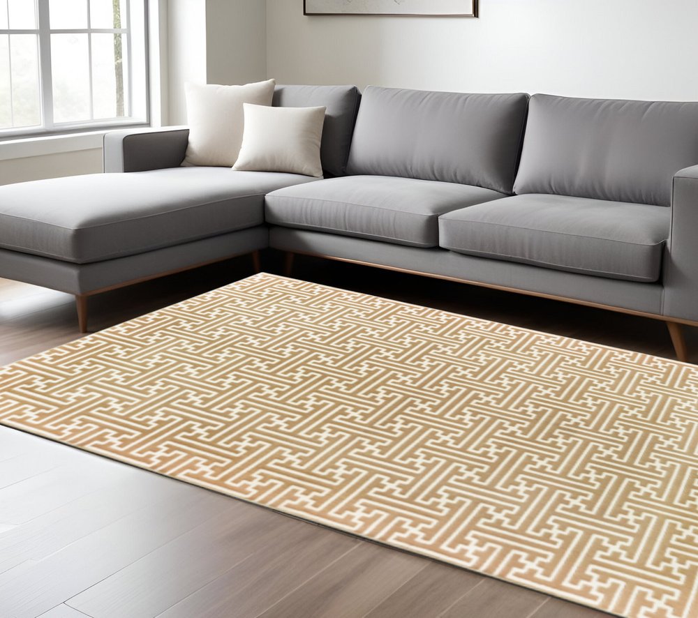 10' X 13' Gold And Ivory Geometric Power Loom Stain Resistant Area Rug