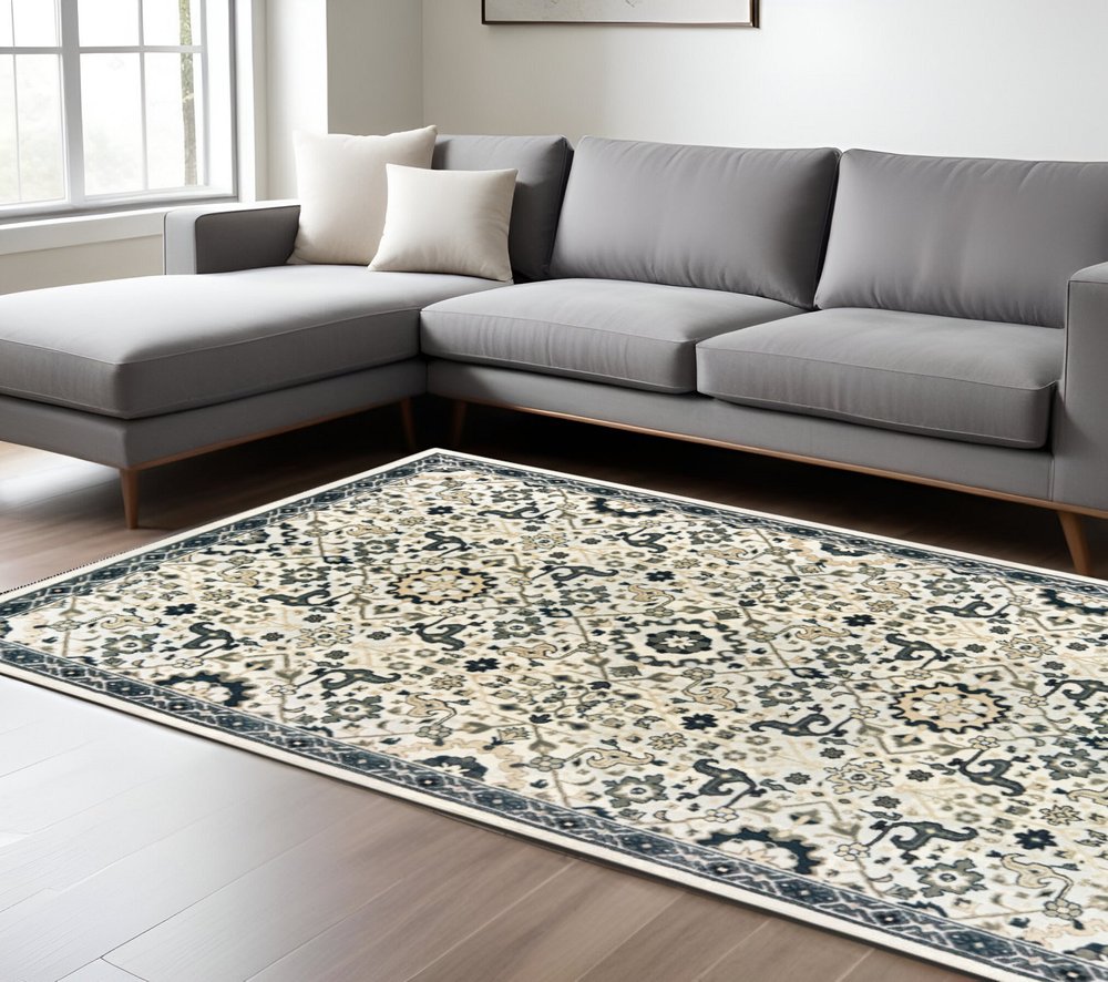 8' X 11' Ivory And Navy Blue Oriental Area Rug