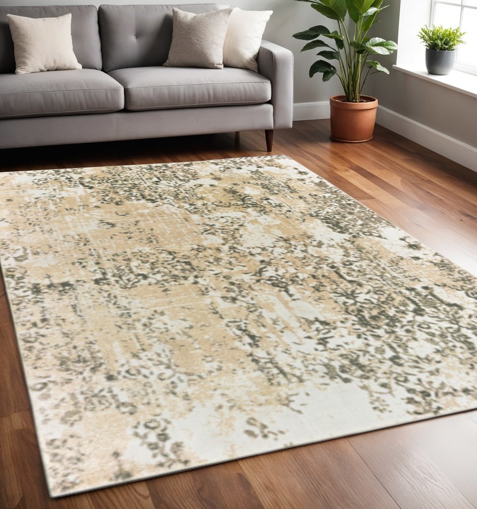 5' X 8' Grey And Gold Abstract Power Loom Stain Resistant Area Rug