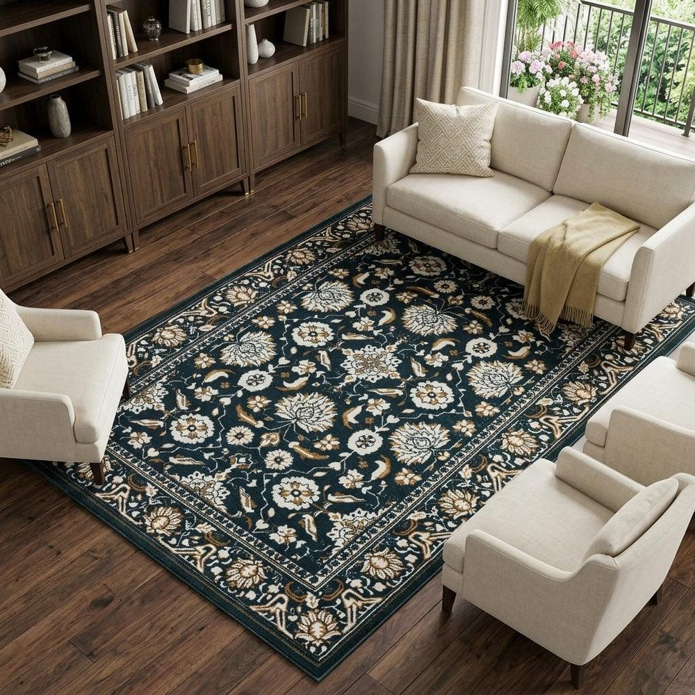 7' X 10' Navy Blue And Gold Oriental Area Rug