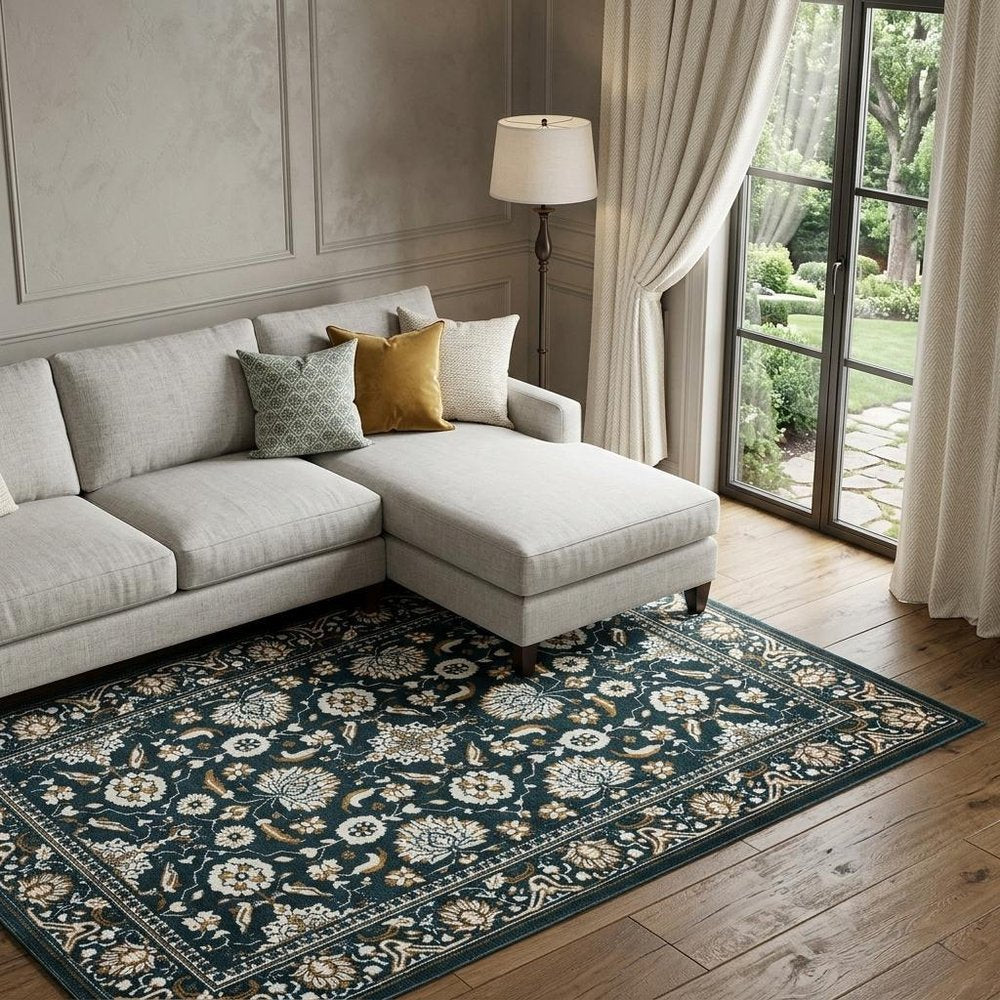 10' X 13' Navy Blue And Gold Oriental Area Rug